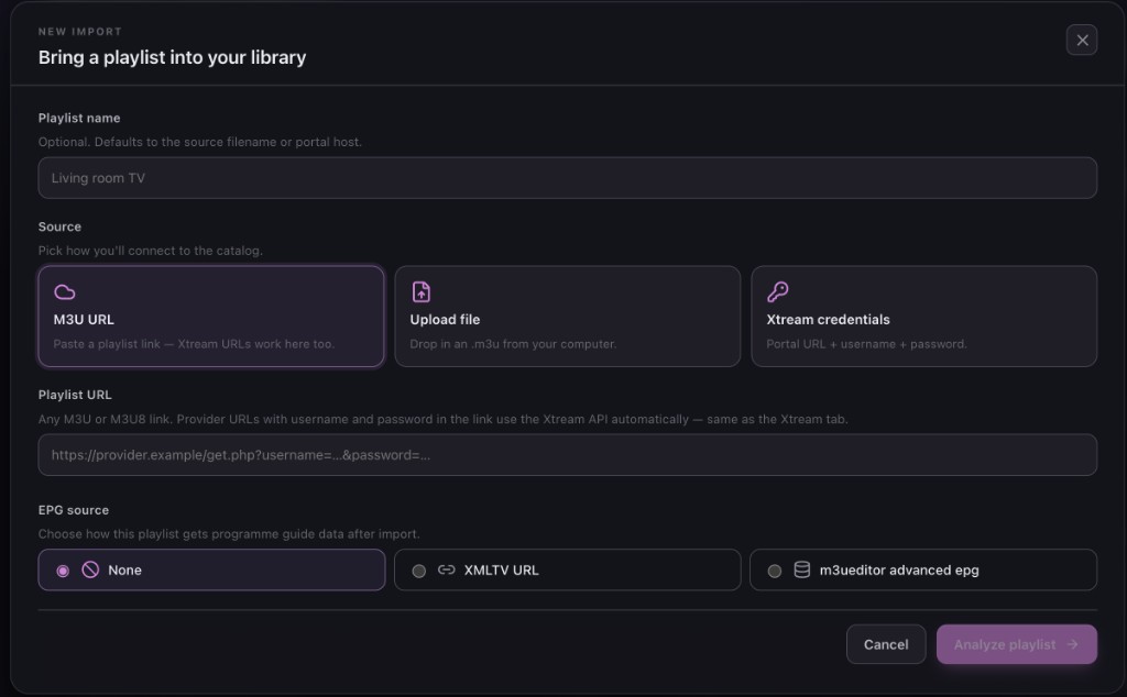New import wizard — Source step with M3U URL, upload file, and Xtream options