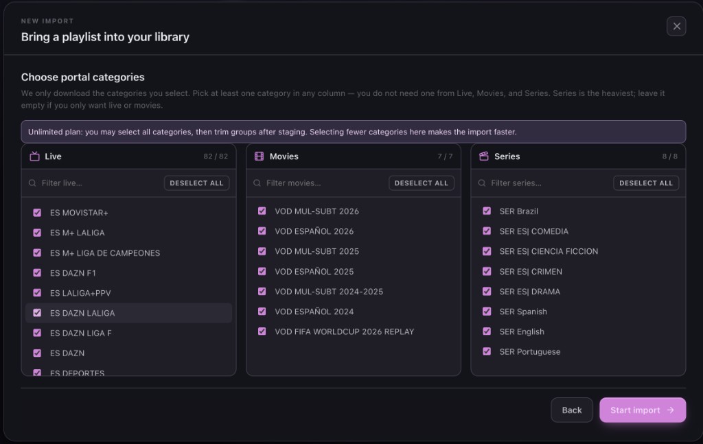 New import wizard — Choose portal categories for Live, Movies, and Series