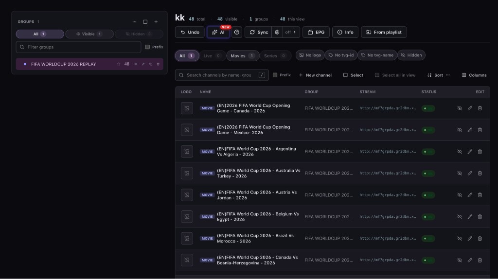 Playlist editor with groups sidebar and channel list after import