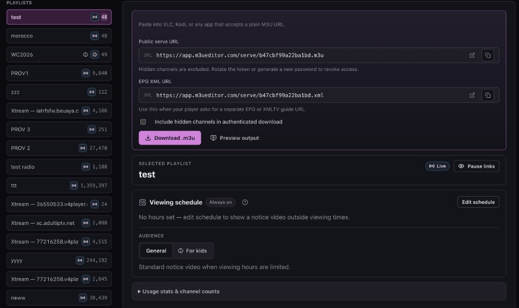 Distribute screen with public M3U and EPG XML URLs