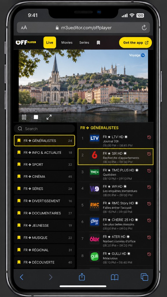 Watch now on iPhone: video on top, groups on the left, channels on the right