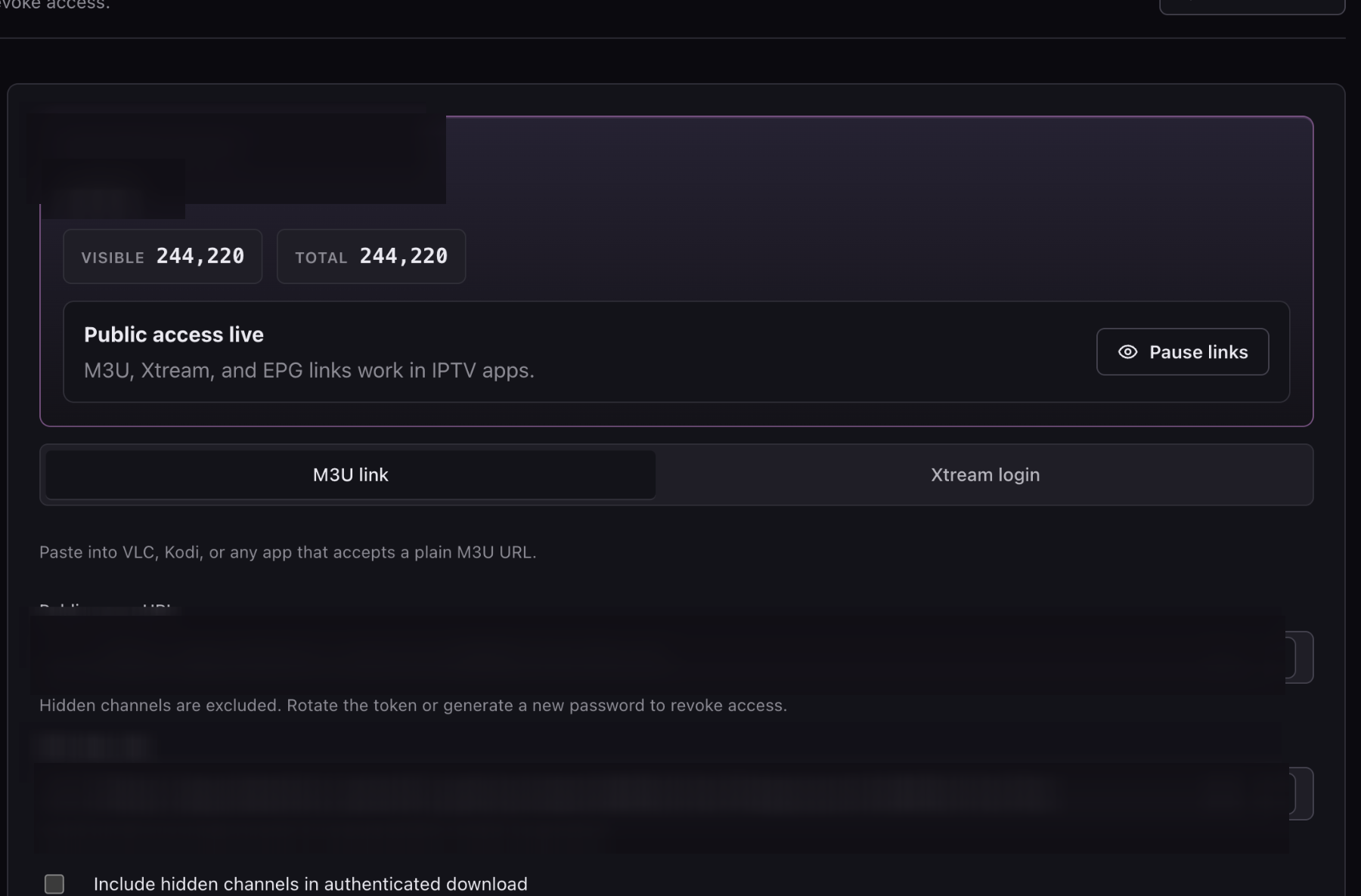 M3UEditor distribution screen with playlist and XMLTV output controls
