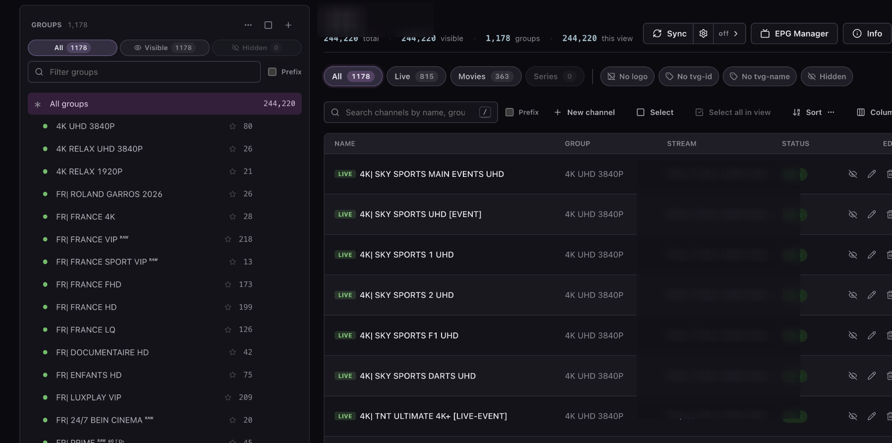 Playlist editor used to organize channels imported from an Xtream source