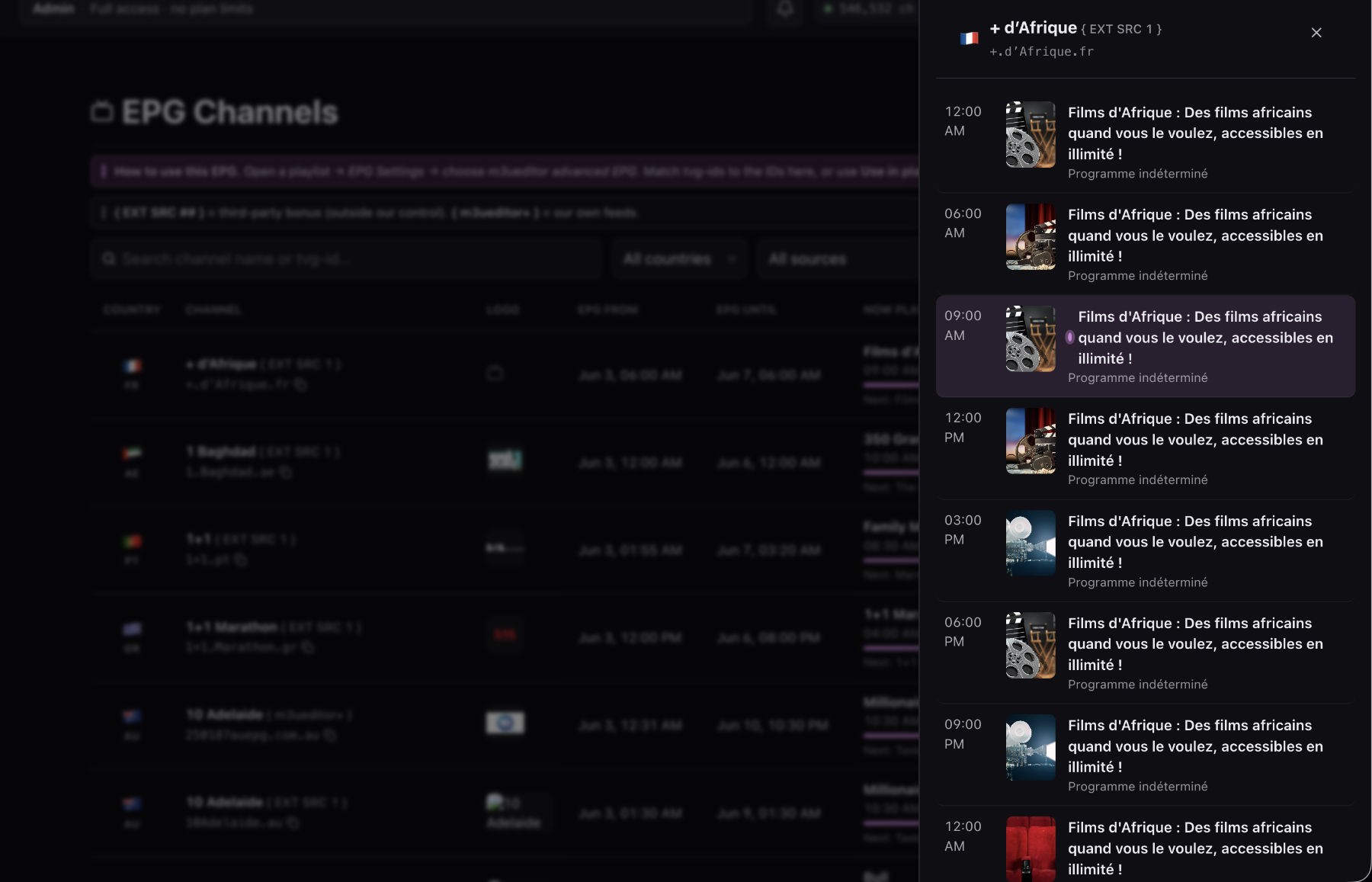 Programme guide drawer showing current and upcoming programme information